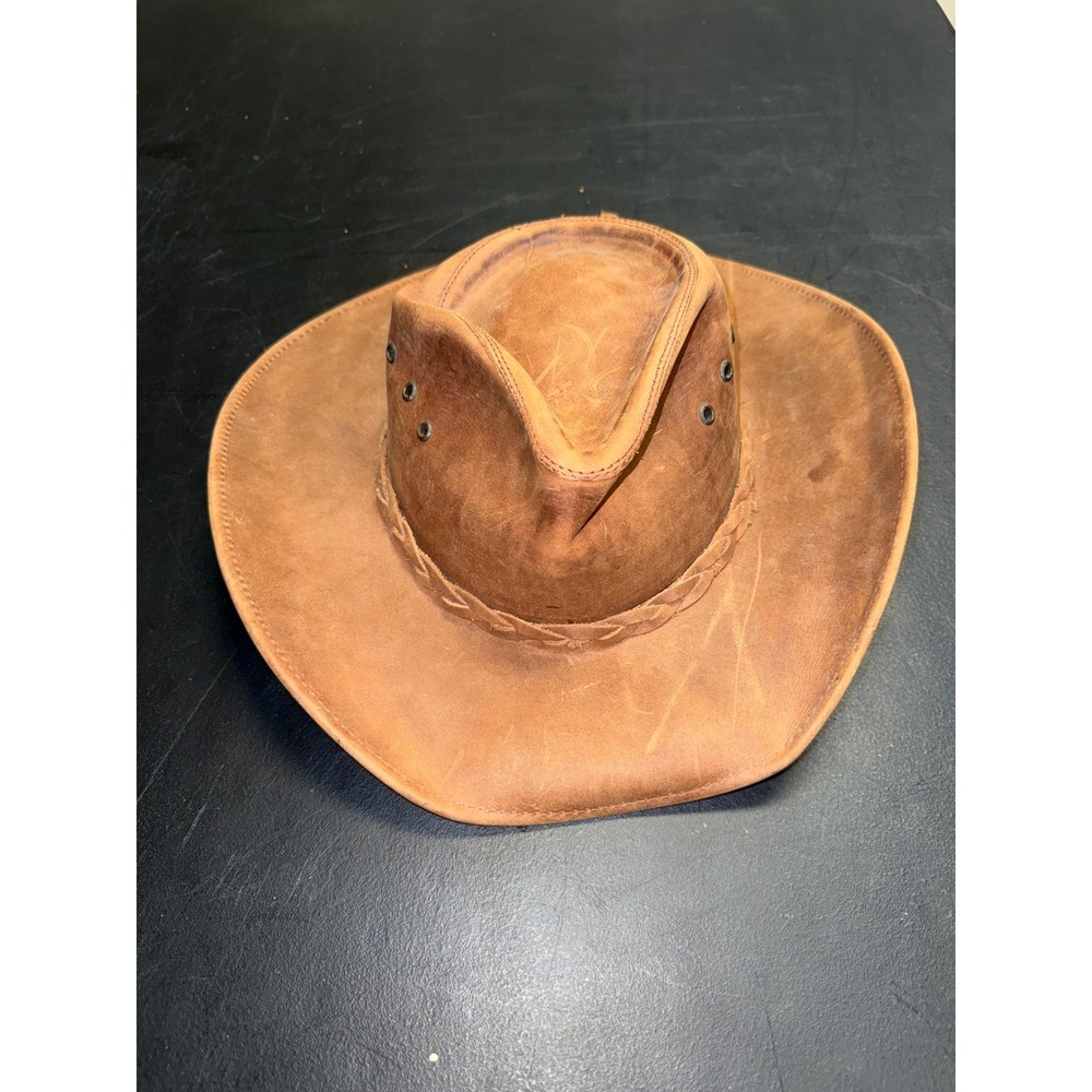 American Hat Makers Brown Leather Cowboy Hat Braided Band Wide Brim Mens Large
